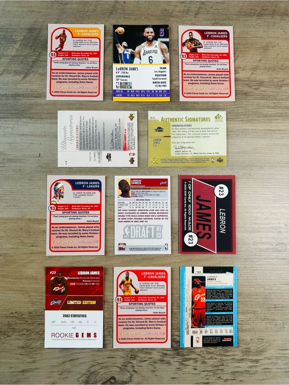 LeBron James Signed Rookie Lot of (11) Novelty Basketball Cards.